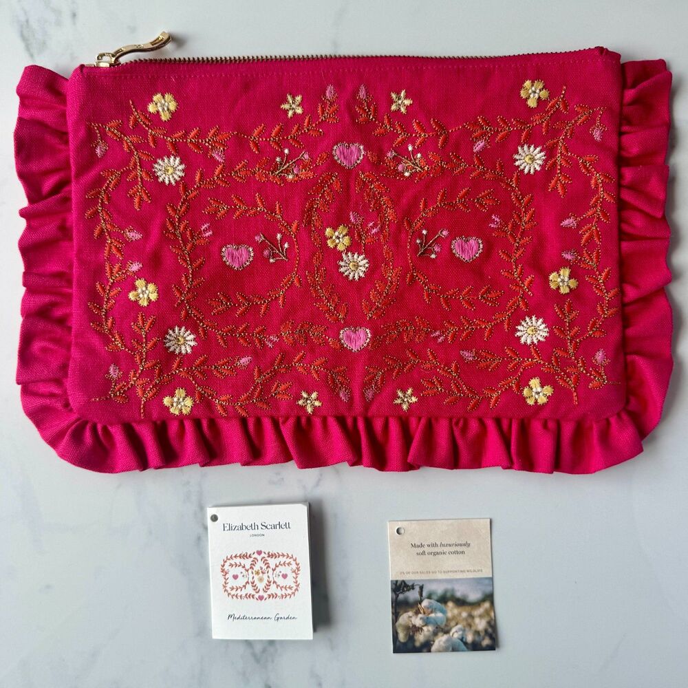 NWT Elizabeth Scarlett Pink Cotton Mediterranean Garden Frill Everyday Pouch